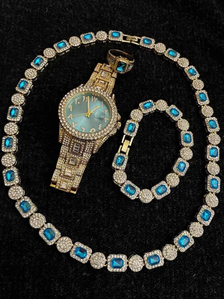Conjunto de joyería color dorado con pedrería en color verde azul, joyas llamativas ideal para lucirte en tus eventos